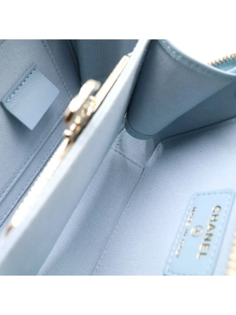 Chanel Quilted Vanity Chain Shoulder Bag Gold Caviar Leather Light Blue